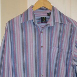 Men's Shirt Van Heusen Size M 15-15 1/2 100 Percent Cotton Striped Blues Purples